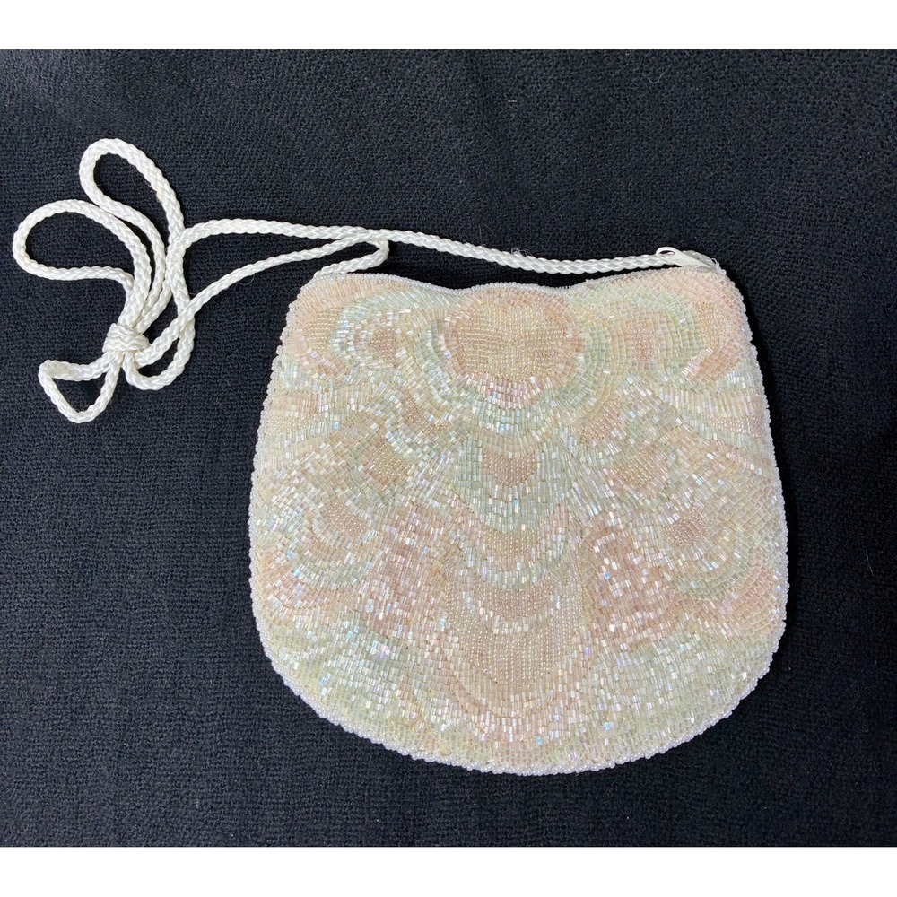 Vintage Iridescent Beaded Crossbody Evening Bag Pastel Scalloped Small Purse
